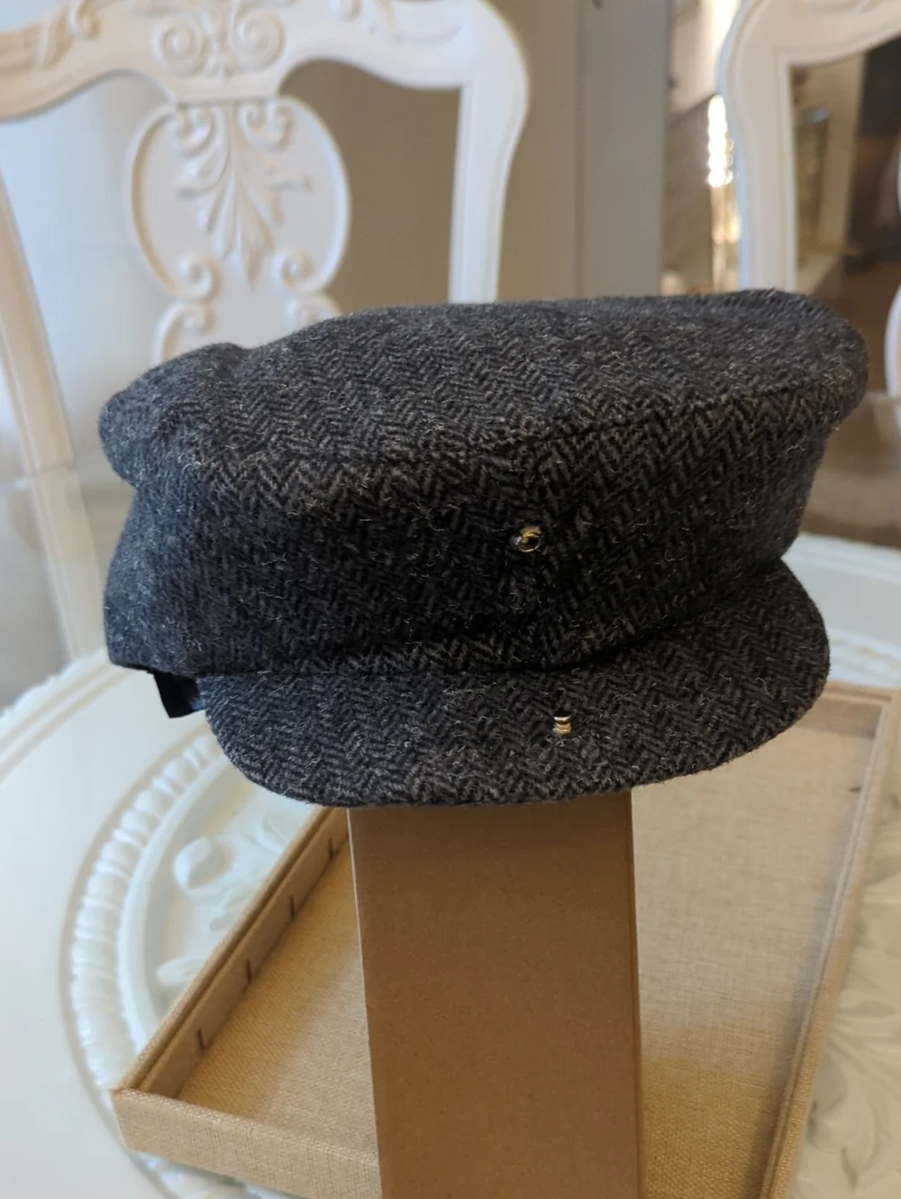 Vintage Sima Int. 100% Pure Wool Herringbone Skipper Cap Hat Black Grey  XL
